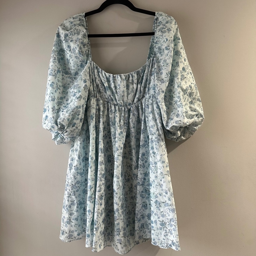 Storia Floral Puff Sleeve Mini‎ Dress Womens S Blue White Milkmaid Cottagecore